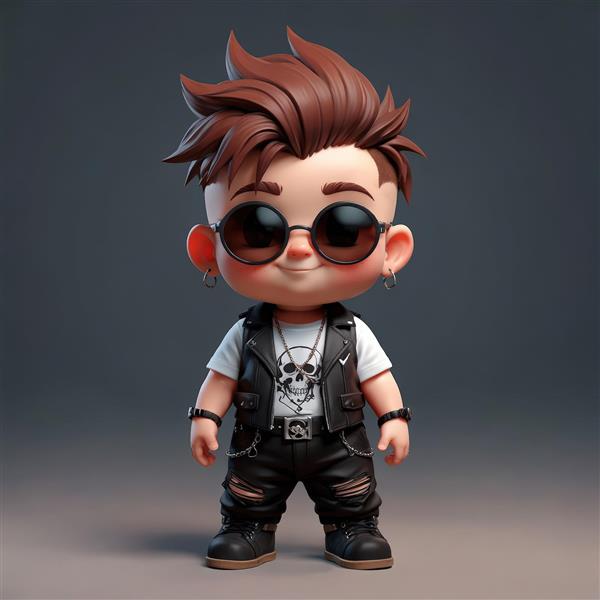 کاراکتر کودک پانک مو قهوه‌ای با جلیقه چرمی و تی‌شرت سفید، طرح پرتره استایل راک کلاسیک