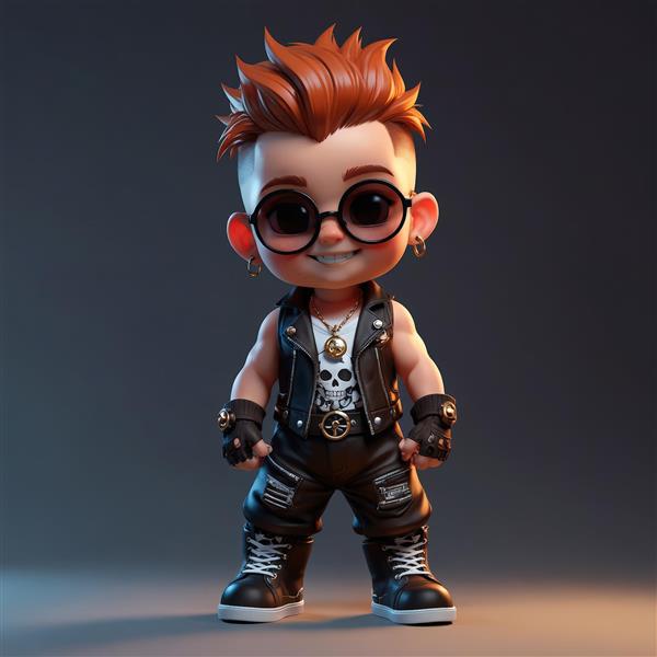 کاراکتر کودک پانک مو قهوه‌ای در حال ژست‌گیری با جلیقه چرمی و دستکش، طرح گرافیکی استایل راک