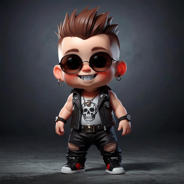 پرتره تمام قد کاراکتر کودک پانک مو قهوه‌ای با عینک آفتابی و لبخند، با استایل راک و گوتیک