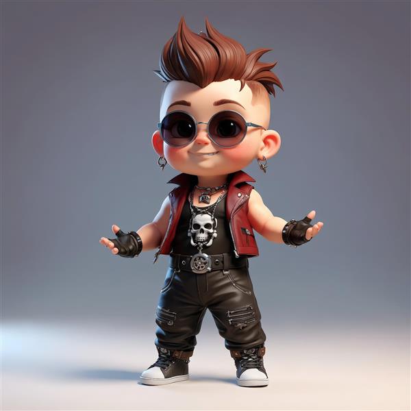 کاراکتر کودک پانک مو قهوه‌ای با جلیقه چرمی قرمز و گردنبند اسکلتی، ژست استقبال