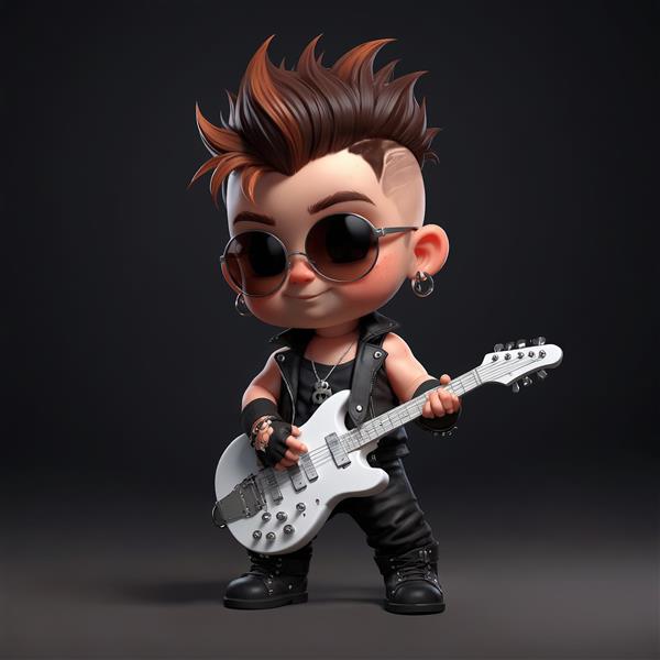 نوازنده گیتار کارتونی با موی قهوه‌ای و سفید، در حال نواختن گیتار الکتریک سفید، تصویر پر انرژی