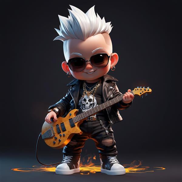 کاراکتر کارتونی نوازنده گیتار نارنجی با موی سفید، در حال اجرای موسیقی روی افکت شعله آتش نئونی