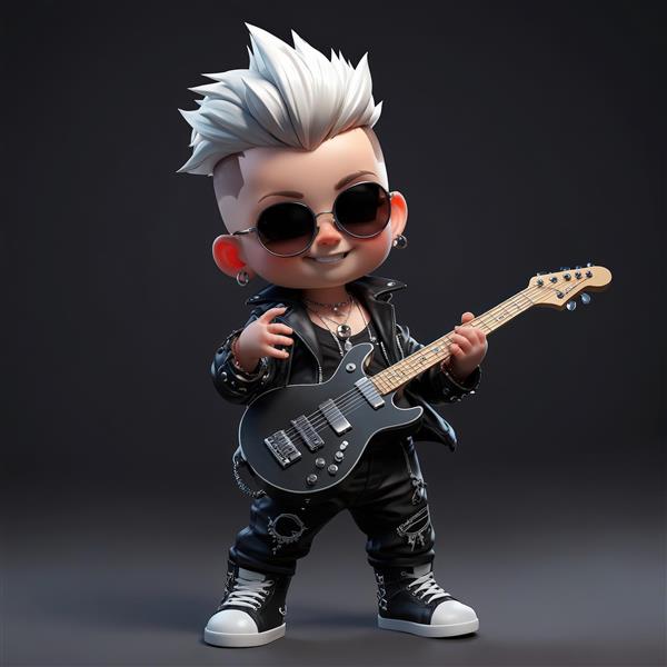 نوازنده گیتار کارتونی مو سفید در حال نواختن گیتار الکتریک مشکی با لبخند، طرح پرتره نوازنده