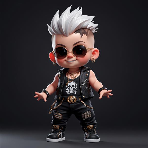 کاراکتر کودک پانک مو سفید، جلیقه چرمی و زنجیر طلایی با ژست آماده برای اجرای موسیقی