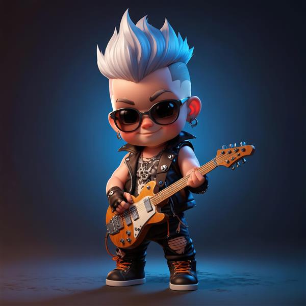 نوازنده گیتار کارتونی مو سفید در حال نواختن گیتار نارنجی با نورپردازی آبی نئون، تصویر استیج