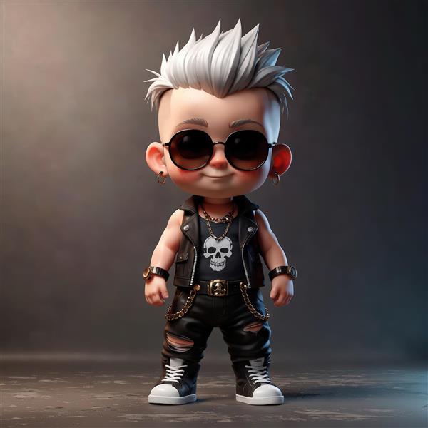 کاراکتر کودک پانک مو سفید با عینک آفتابی، جلیقه چرمی و لباس‌های پاره در پس‌زمینه استودیو