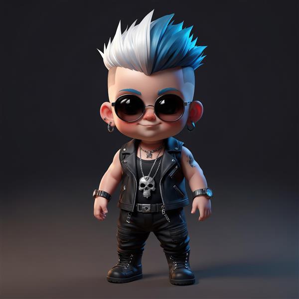 کاراکتر کارتونی پانک با موی سفید و آبی، جلیقه چرمی و گردنبند اسکلتی، طرح پرتره و دکوراتیو