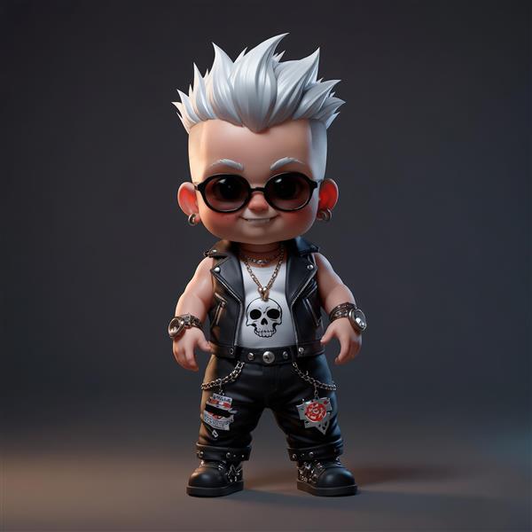 پرتره تمام قد کاراکتر کودک پانک با موی سفید، جلیقه و شلوار چرمی وصله‌دار، تصویر استوک