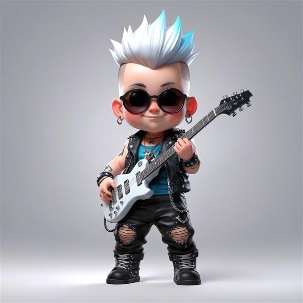 کاراکتر کارتونی پانک مو سفید با نوک آبی روشن، در حال نواختن گیتار الکتریک سفید، پس‌زمینه استودیویی