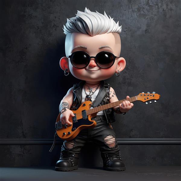 نوازنده گیتار الکتریک کارتونی با موی سفید، در حال نواختن گیتار نارنجی در پس‌زمینه دیوار تیره