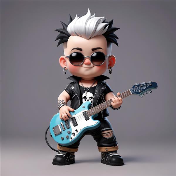 کاراکتر نوازنده گیتار الکتریک آبی با موهای مشکی و سفید در استایل پانک، تصویر باکیفیت موسیقی