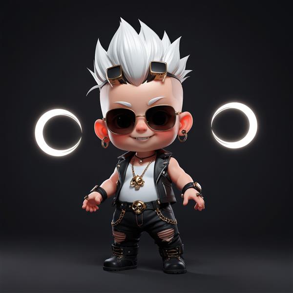 کاراکتر کارتونی پانک مو سفید در مقابل دو حلقه نور سفید مینیمال، طرح دکوراسیون و نورپردازی