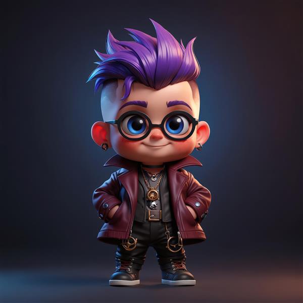 پرتره نزدیک کاراکتر پانک با موی بنفش، عینک طبی و کت زرشکی، تصویر استوک احساسی و مودبانه