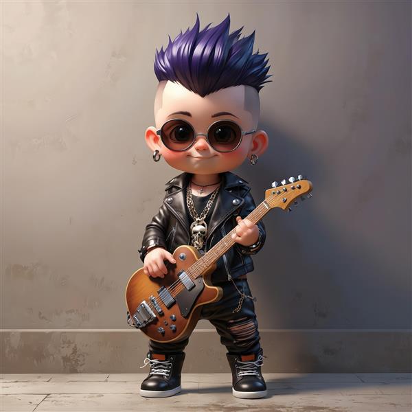 نوازنده گیتار الکتریک کارتونی با موی بنفش و عینک گرد، در حال ژست گرفتن با گیتار قهوه‌ای رنگ