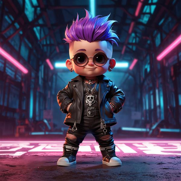 کاراکتر پانک با کت چرمی در سالن صنعتی با نورپردازی نئون فیروزه‌ای و سرخابی، تم سایبرپانک و گوتیک