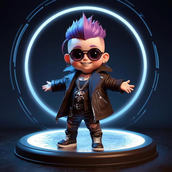 کاراکتر کودک پانک روی سکوی دایره‌ای نئونی با حلقه نور آبی، طرح دکوراسیون استیج و کلوپ