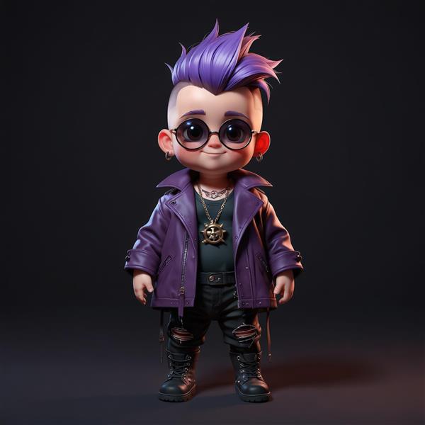 پرتره تمام قد کاراکتر کودک پانک با موی بنفش و کت بنفش چرمی، مناسب برای چاپ پوستر