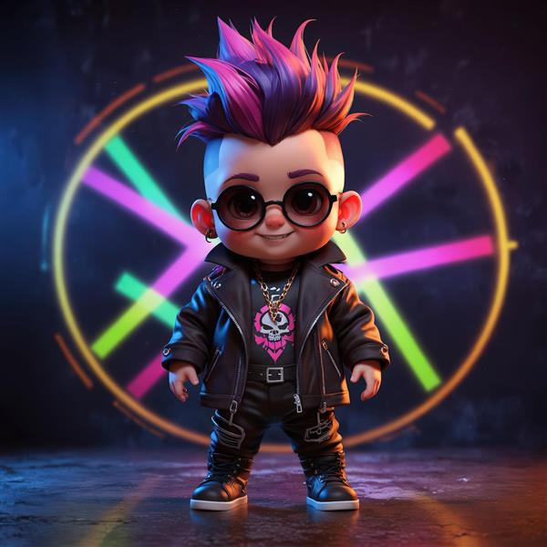 کاراکتر کارتونی مو بنفش در مرکز دایره نئونی چند رنگ متحرک، طرح گرافیکی دی‌جی و کلوپ شبانه