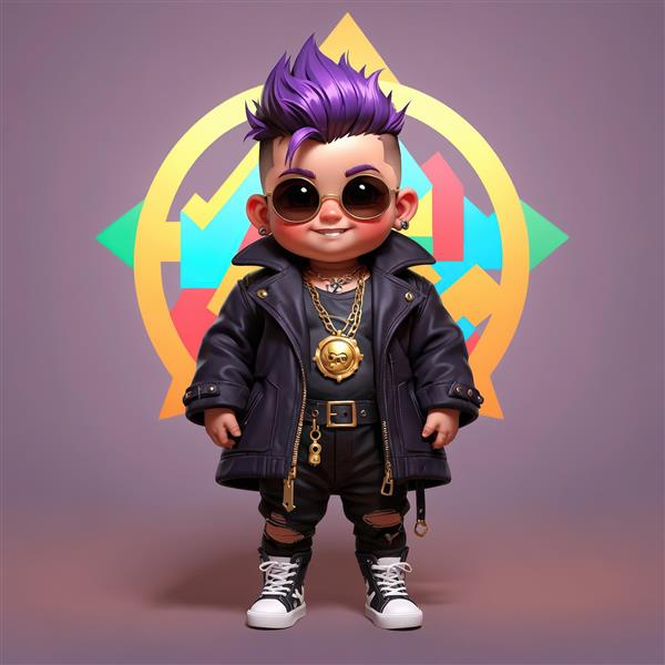 کاراکتر کودک پانک با موی بنفش و پالتوی چرمی در مقابل نشان هندسی رنگارنگ، تصویر گرافیکی دکوراتیو