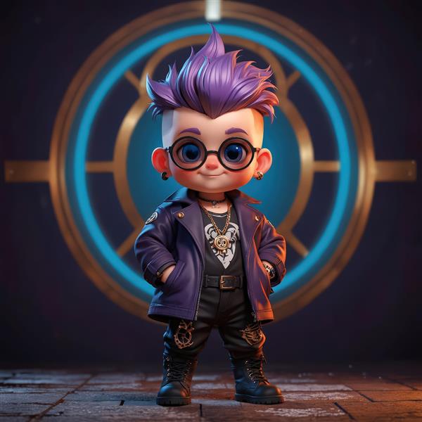 کاراکتر کارتونی پانک مو بنفش در مقابل دایره نئونی طلایی و آبی، تصویر طرح گرافیکی دکوراتیو