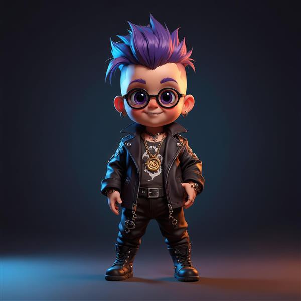 کاراکتر کودک پانک با موهای بنفش و عینک گرد، کت چرمی و پس‌زمینه تیره با نورپردازی آبی و قرمز