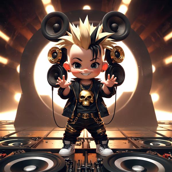 کاراکتر دی‌جی کارتونی پانک با اسپیکرهای هدست مانند و دک‌های بزرگ موسیقی در پس‌زمینه نوری