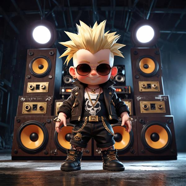 کاراکتر کارتونی پانک در مرکز یک دیوار غول‌پیکر اسپیکر و تجهیزات صوتی استودیویی، پس‌زمینه کنسرت