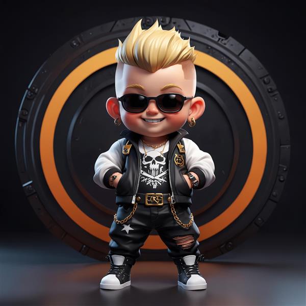 کاراکتر کارتونی پانک با جلیقه سفید و عینک آفتابی در مقابل رینگ بزرگ نارنجی و مشکی، طرح دکوراتیو