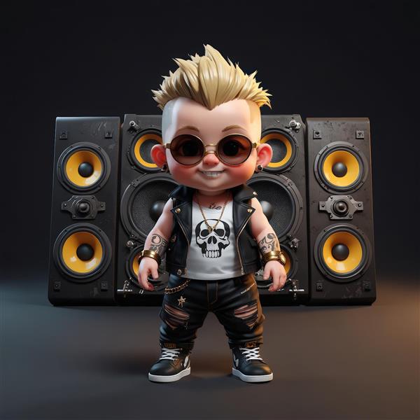 کاراکتر کارتونی پانک با عینک گرد و جلیقه چرمی در مقابل سه اسپیکر مشکی با ساب ووفرهای زرد