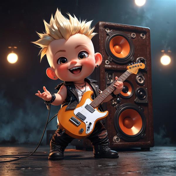 کودک پانک شاد در حال نواختن گیتار الکتریک نارنجی در مقابل اسپیکر بزرگ چوبی، پس‌زمینه صحنه