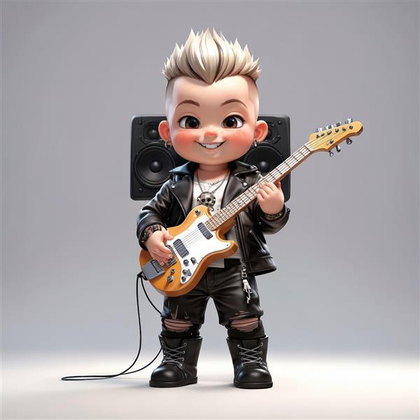 کاراکتر کارتونی نوازنده گیتار الکتریک در کنار اسپیکر مشکی در پس‌زمینه روشن، طرح گرافیکی موسیقی