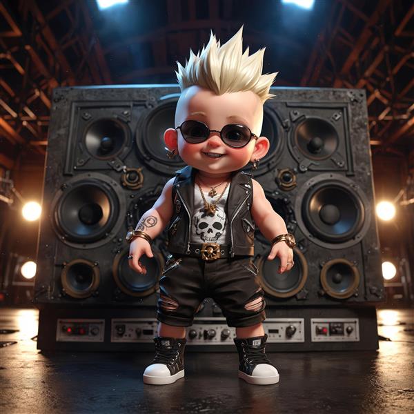 کاراکتر کارتونی پانک و راک با جلیقه چرمی در مقابل دیوار بزرگ اسپیکرهای صنعتی و نورپردازی پس‌زمینه