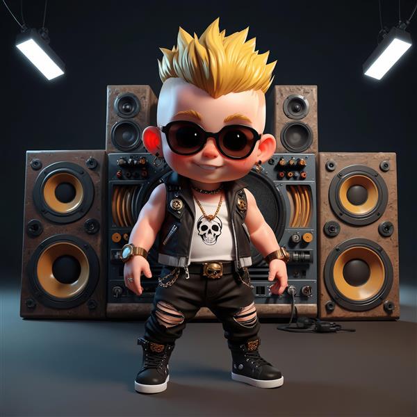 کاراکتر کارتونی پانک در استودیوی موسیقی، در مقابل سیستم صوتی با اسپیکرهای چوبی و نورپردازی حرفه‌ای