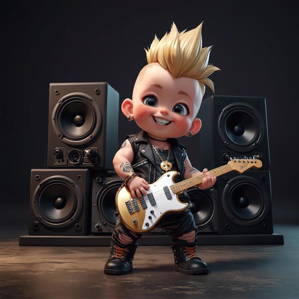 کودک پانک نوازنده گیتار الکتریک در کنار ست اسپیکرهای مشکی، طرح گرافیکی موسیقی راک