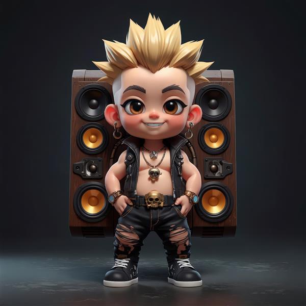 کاراکتر کودک پانک در مقابل اسپیکر چوبی بزرگ، تصویر استوک با کیفیت بالا برای چاپ