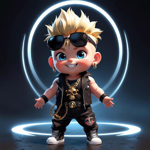 پسرک کارتونی پانک با عینک آفتابی در مرکز حلقه نور نئون، تصویر باکیفیت طرح گرافیکی