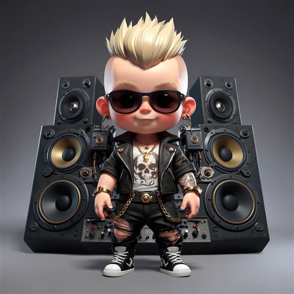 کاراکتر کارتونی پانک در مقابل سیستم صوتی با اسپیکرهای بزرگ، تصویر استوک موزیک راک