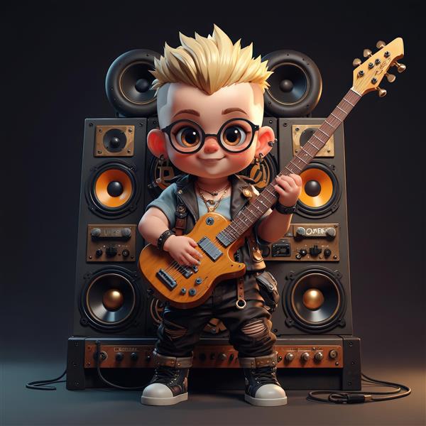 تصویر استوک کاراکتر راکر با گیتار مشکی و هدبند در مقابل آمپلی‌فایرهای بزرگ