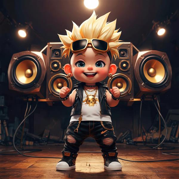تصویر باکیفیت کاراکتر راکر بلوند با اسپیکرهای بزرگ مشکی و طلایی، مناسب چاپ تابلو