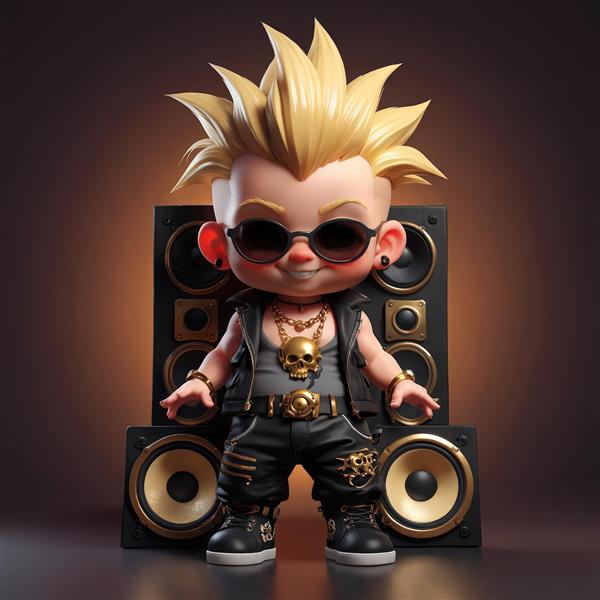 تصویر سه بعدی کیوت راکر بلوند جلوی اسپیکرهای طلایی بزرگ، مناسب تم موزیکال