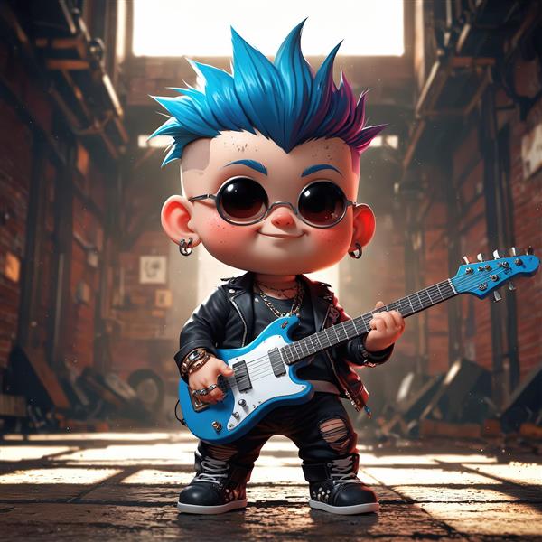 تصویر باکیفیت کاراکتر راک با گیتار آبی در کوچه صنعتی، طرح گرافیکی برای نوجوان