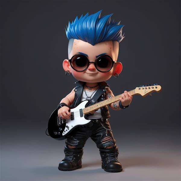 عکس استودیویی پسر راکر با گیتار مشکی و موهای آبی، تصویر باکیفیت و جذاب