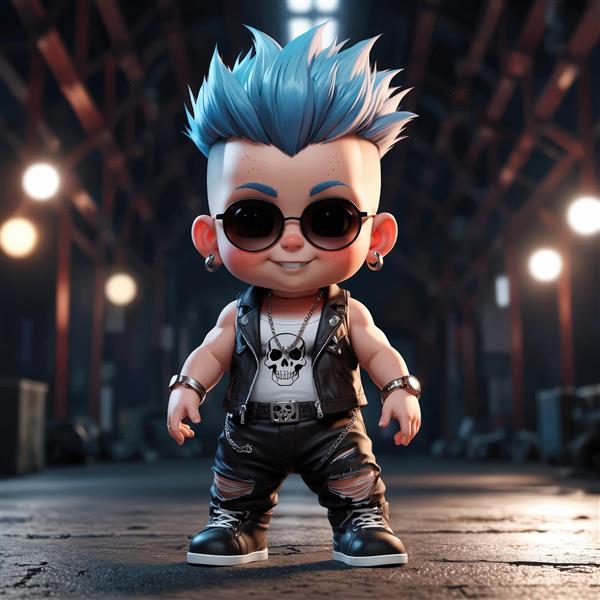 تصویر اورجینال شخصیت پانک با موی آبی در سالن صنعتی، مناسب چاپ عریض