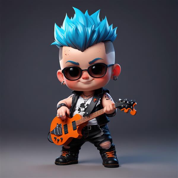 عکس سه بعدی عروسک راک با گیتار کوچک و موهای آبی پررنگ، مناسب پوستر اتاق پسرانه