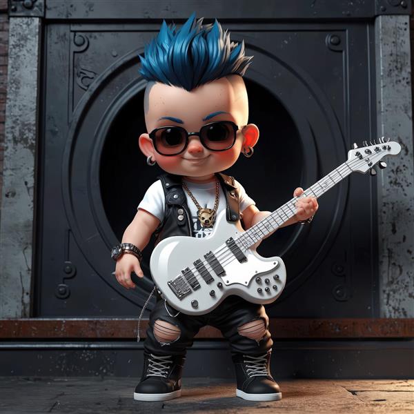 تصویر باکیفیت نوازنده پانک با گیتار سفید در پس‌زمینه شهری تاریک، طرح دکوراتیو