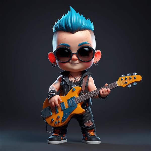 عکس استوک عروسک راکر با گیتار خاص و لباس چرمی مشکی، طرح باکیفیت