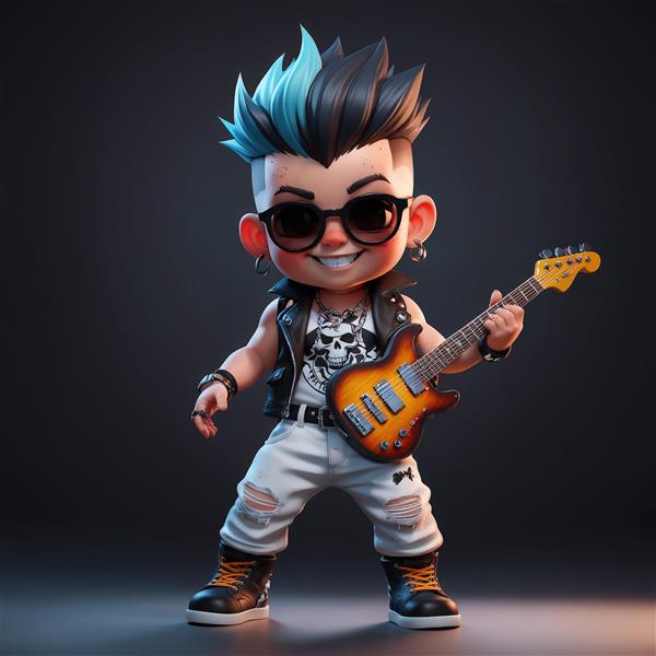 تصویر اورجینال پسر پانک با شلوار سفید پاره و گیتار نارنجی، مناسب چاپ تابلو