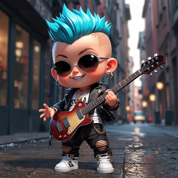 عکس باکیفیت کاراکتر راکر با گیتار و موی آبی در خیابان شهری، طرح اسپرت و فانتزی