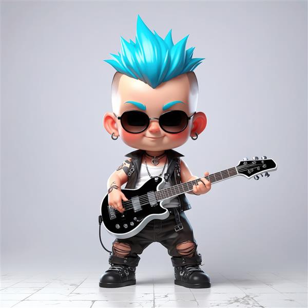 عکس سه بعدی شخصیت راک اند رول با گیتار مشکی و موهای آبی، طرح باکیفیت و اسپرت