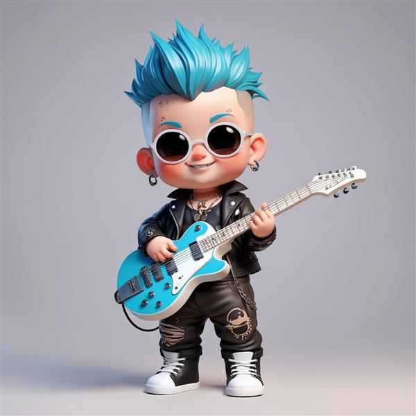 تصویر باکیفیت کاراکتر فانتزی راکر با گیتار آبی و عینک گرد، مناسب تم نوجوانان